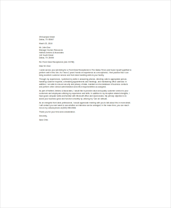 cover letter template for front desk receptionist