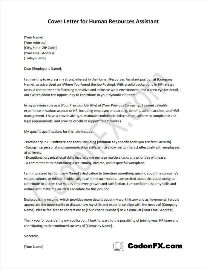 cover letter template for human resources assistant Free editable cover letter for human resources assistant template with customizable sections