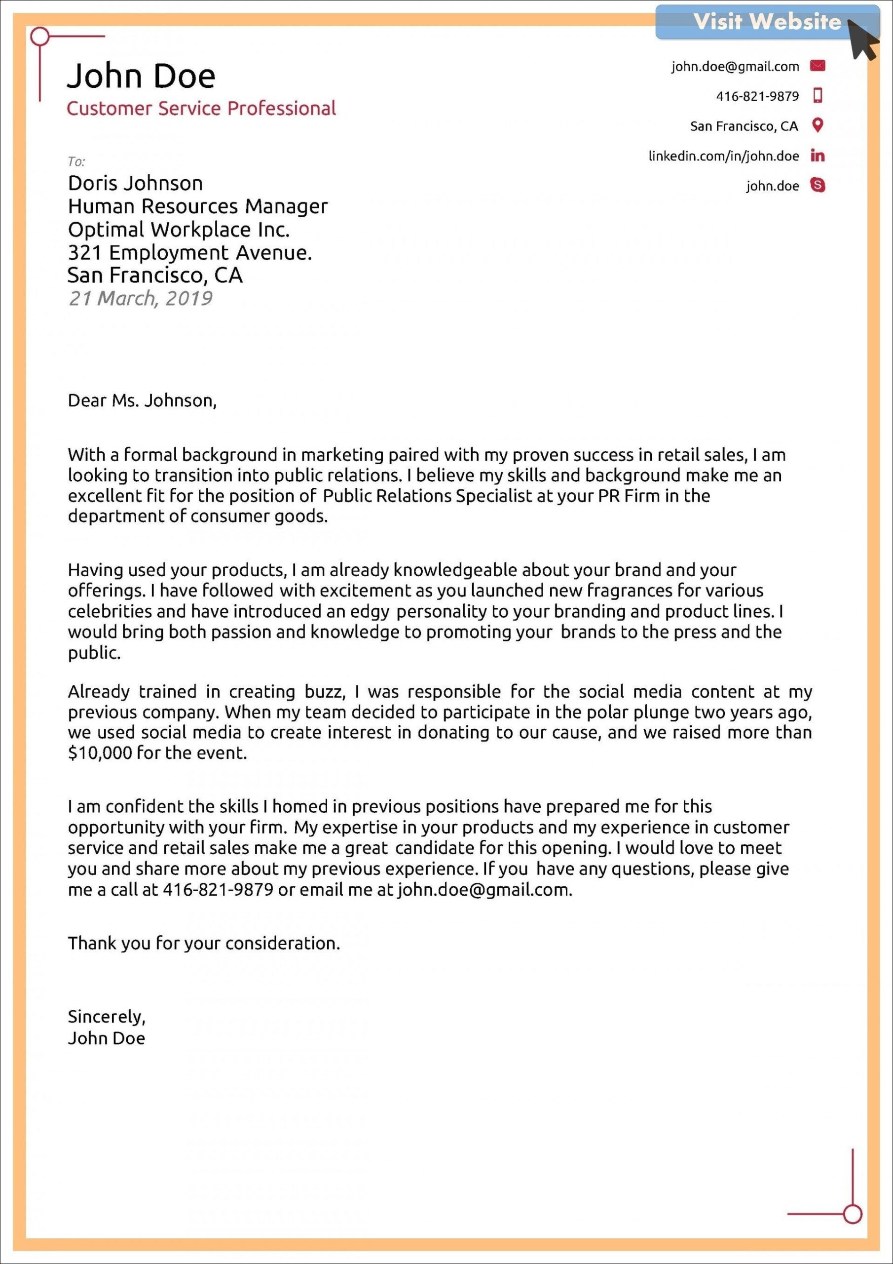 customer service cover letter template example