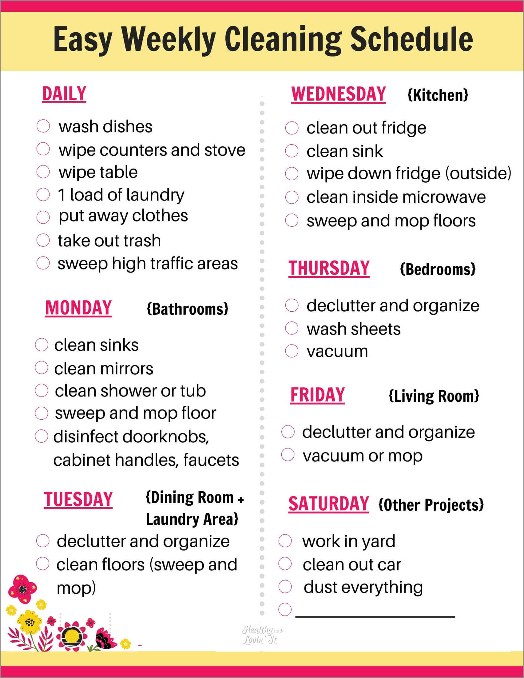 daily cleaning schedule template sample