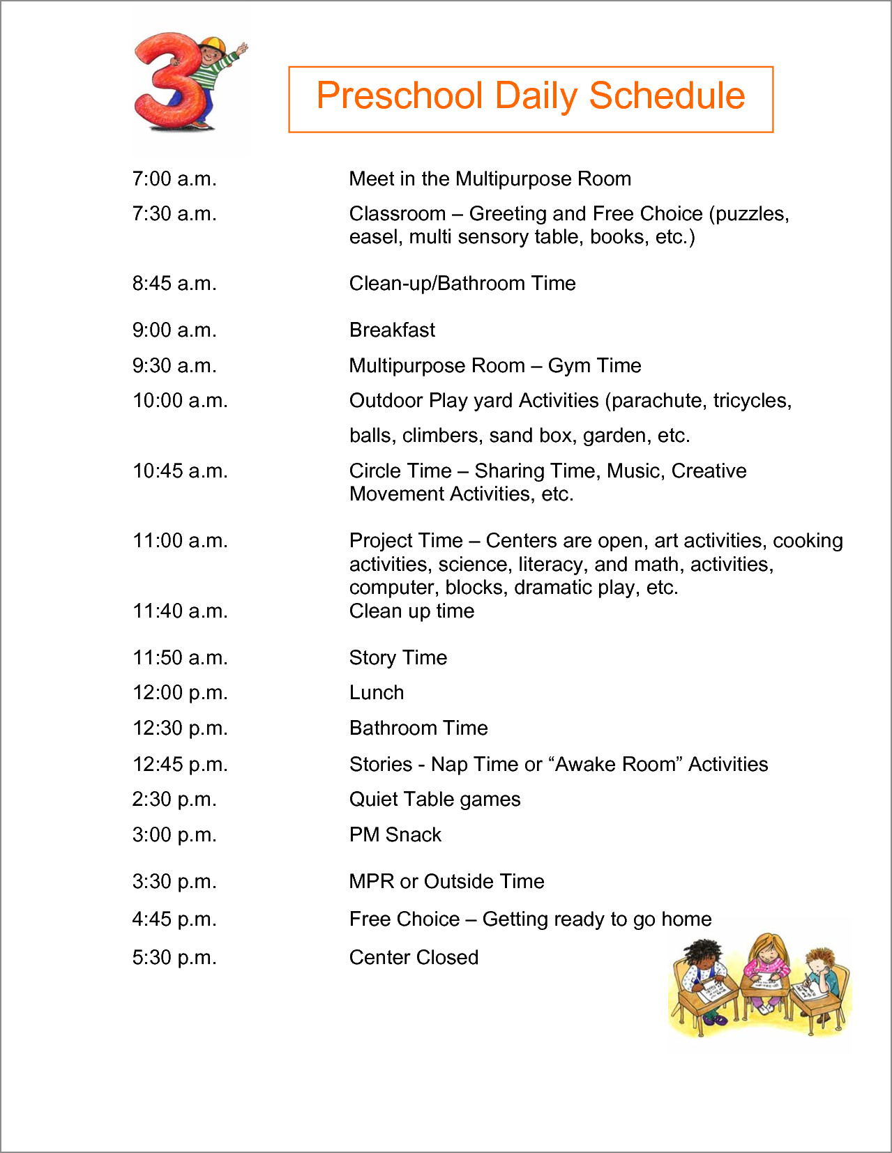 daily preschool schedule template sample