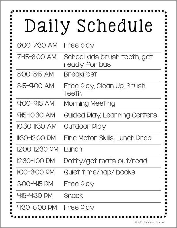 daycare daily schedule template