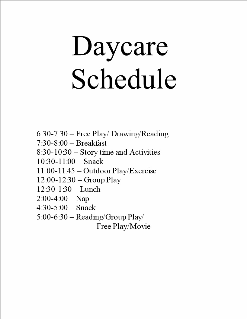 daycare schedule template example