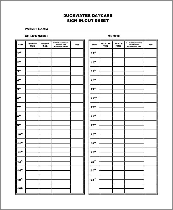 daycare sign in sheet template example