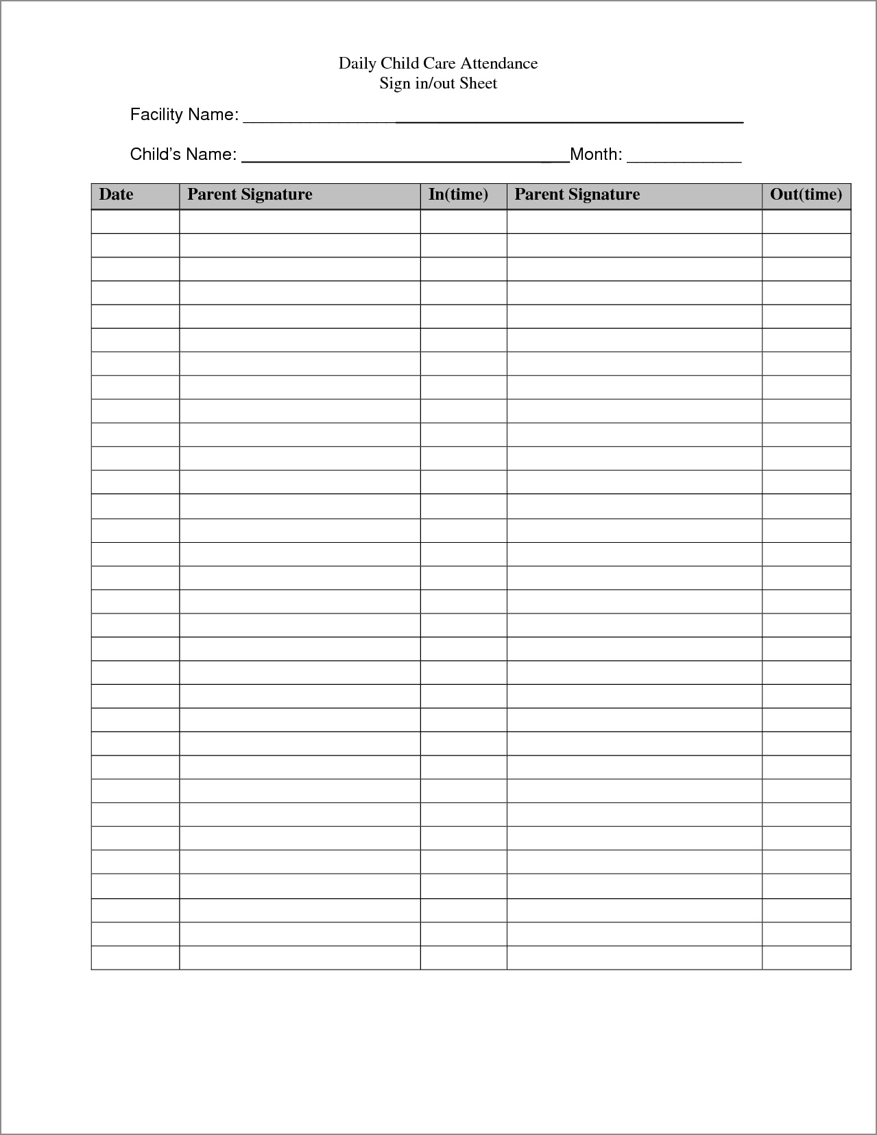 daycare sign in sheet template