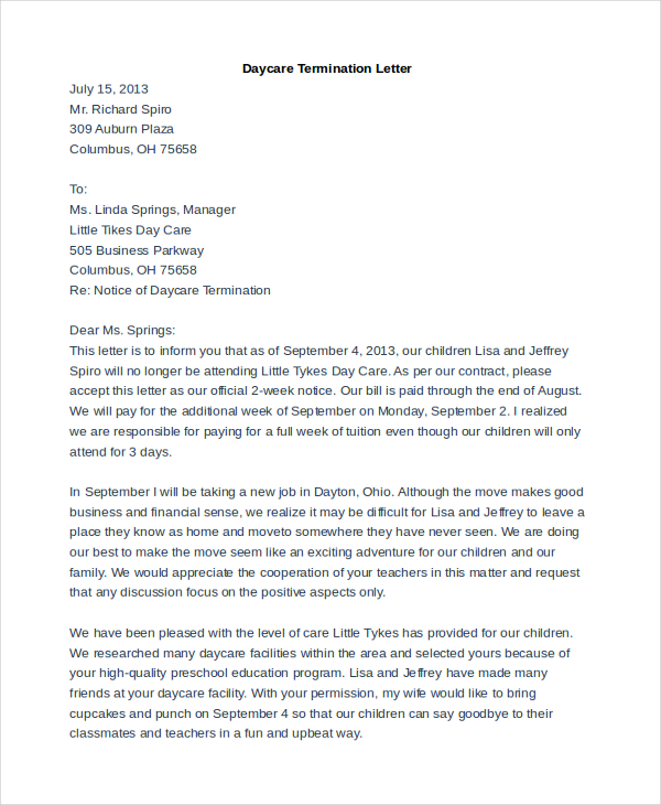 daycare termination letter template example