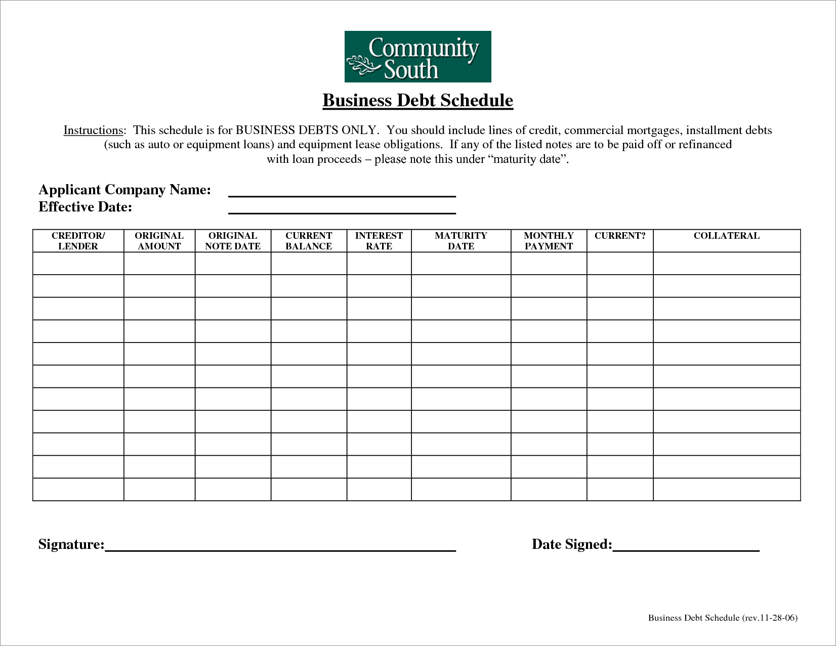 debt schedule template example