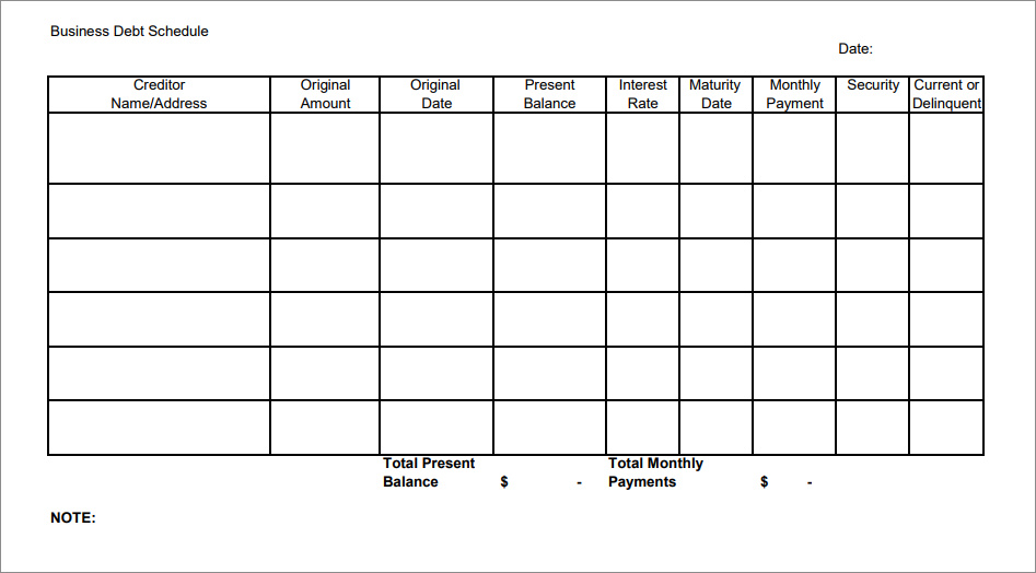 debt schedule template sample
