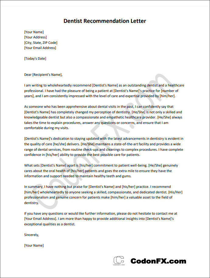 Printable dentist recommendation letter template available in Word for easy editing