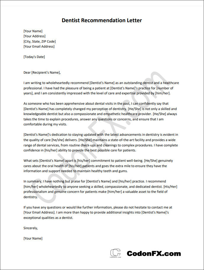 dentist recommendation letter template Printable dentist recommendation letter template available in Word for easy editing