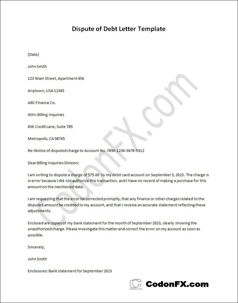 Dispute of Debt Letter Template (Free Printable)