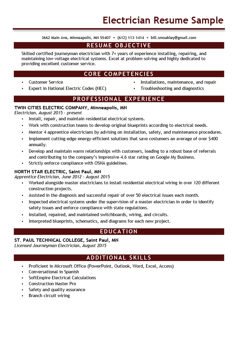 electrical resume template example