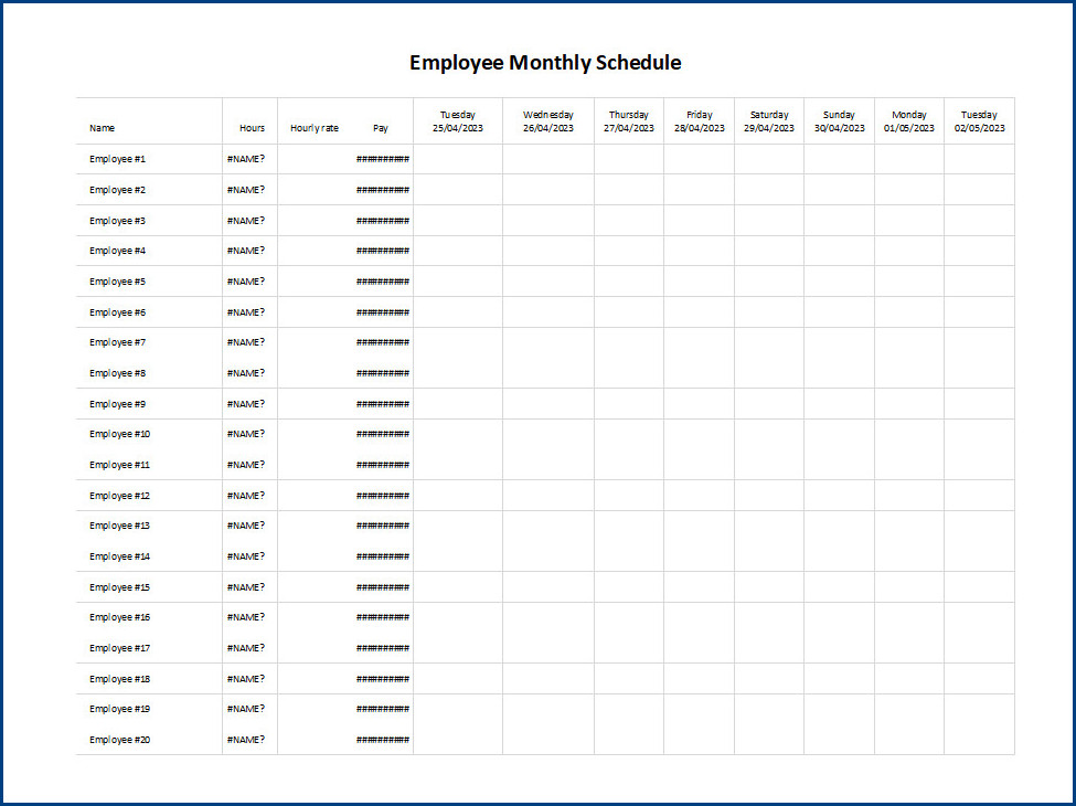 Editable employee monthly schedule template with customizable sections