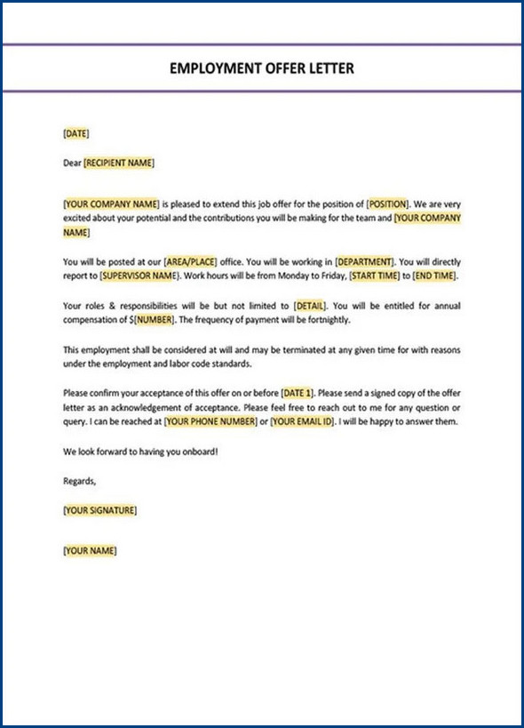 employment offer letter template sample
