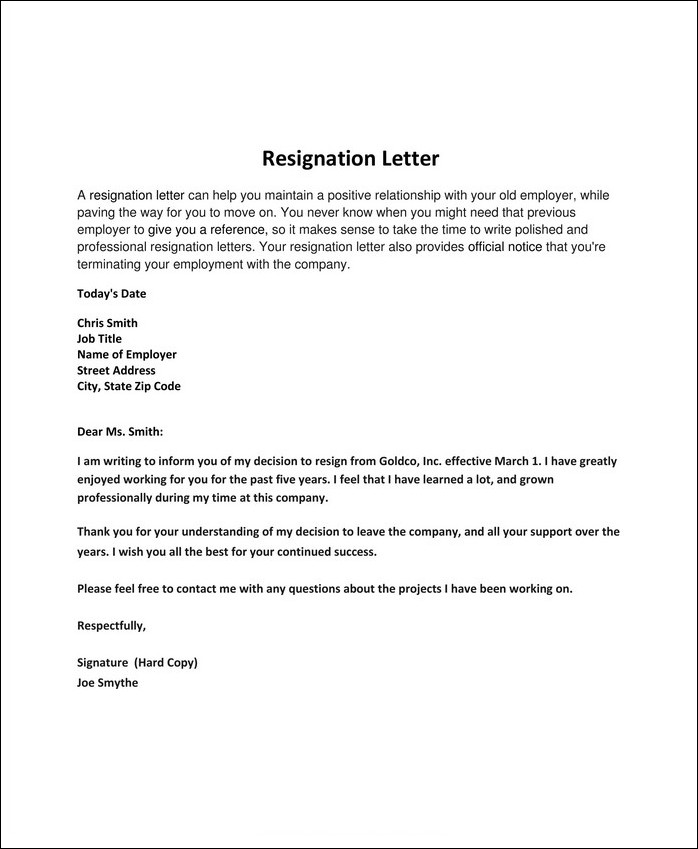 employment resignation letter template example