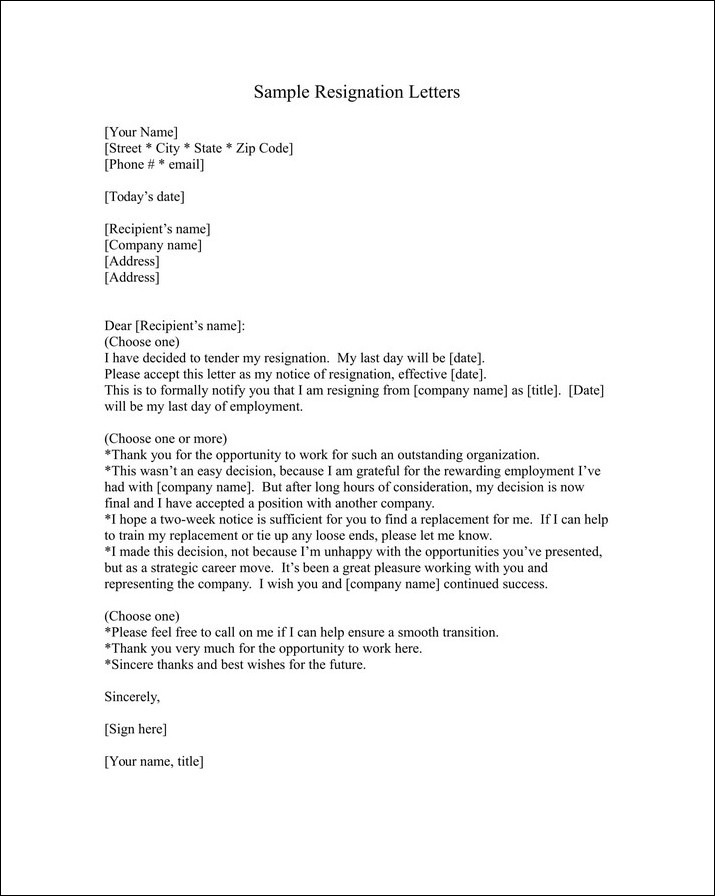 employment resignation letter template sample