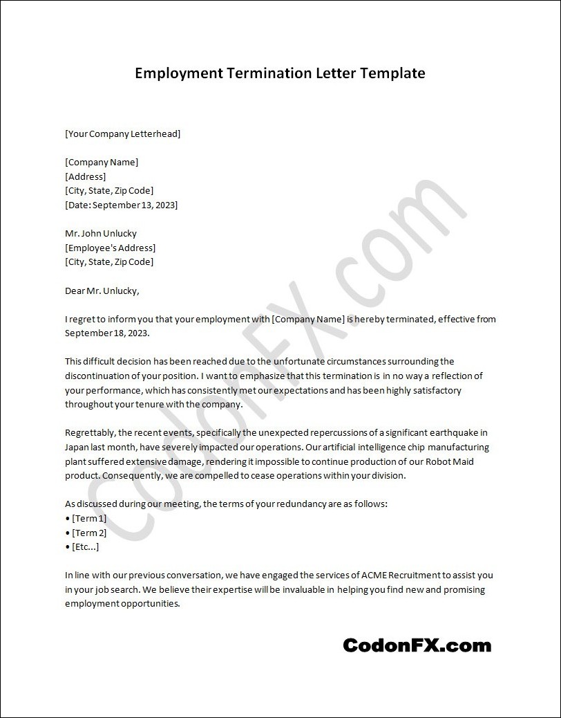 Editable employment termination letter template with customizable sections