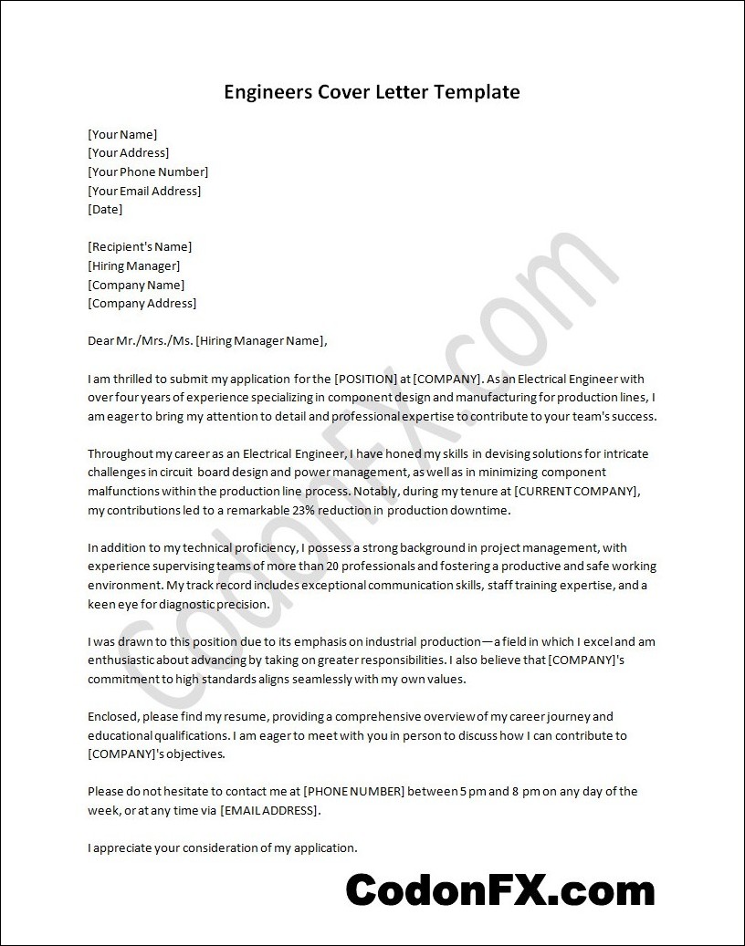 Optimized layout and structure of a engineers cover letter template for better readability