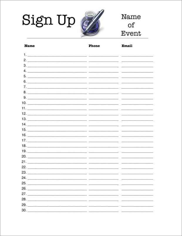 event sign-up sheet template sample