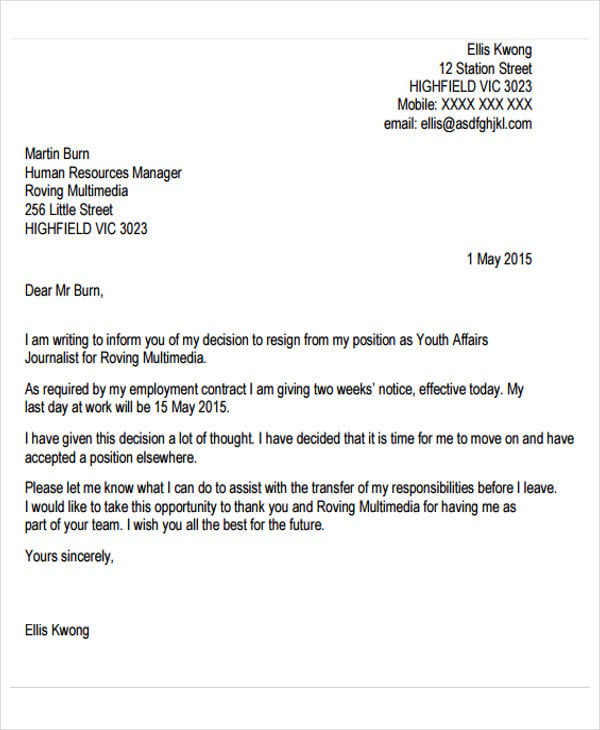 example of 1 week notice resignation letter template