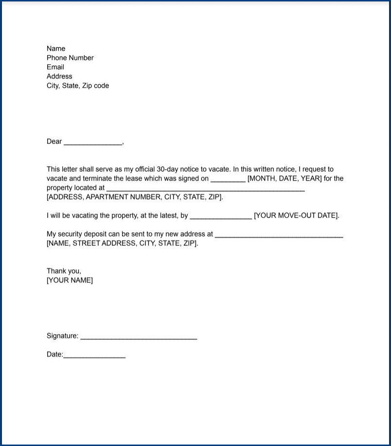 example of 30 day notice letter template to tenant to move out