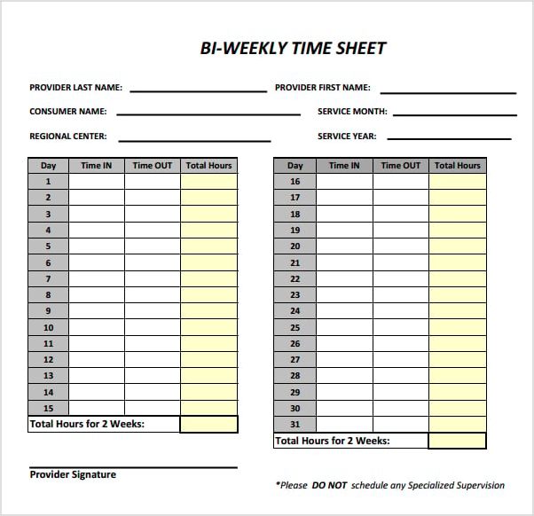 example of bi weekly timesheet template