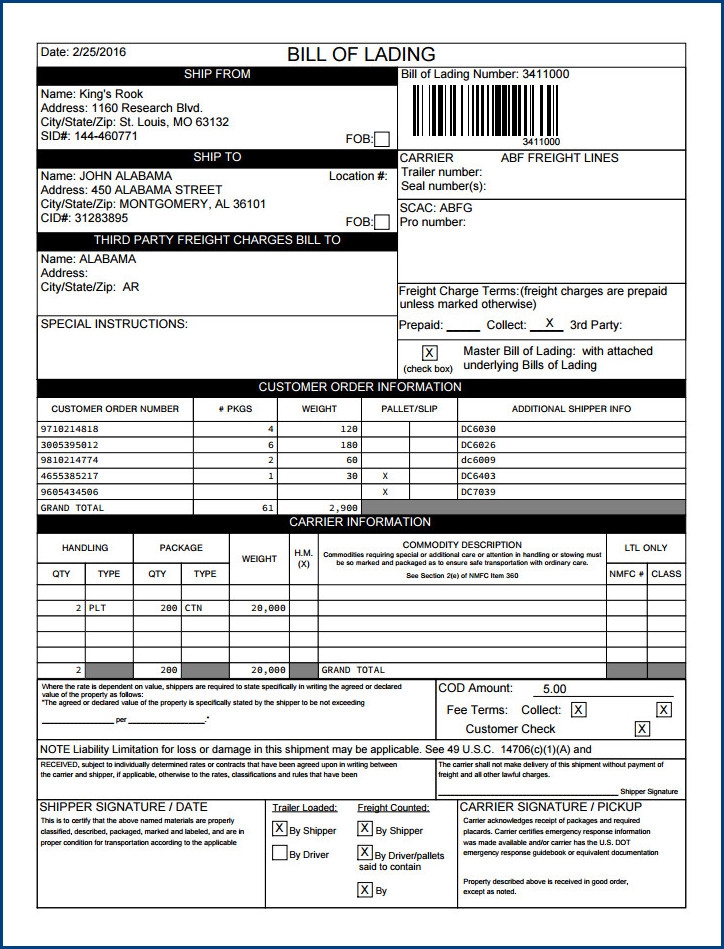 example of bill of lading template