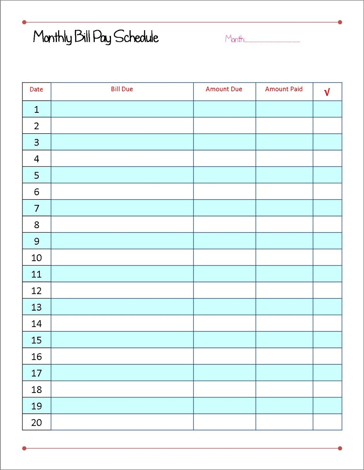 example of bill pay schedule template