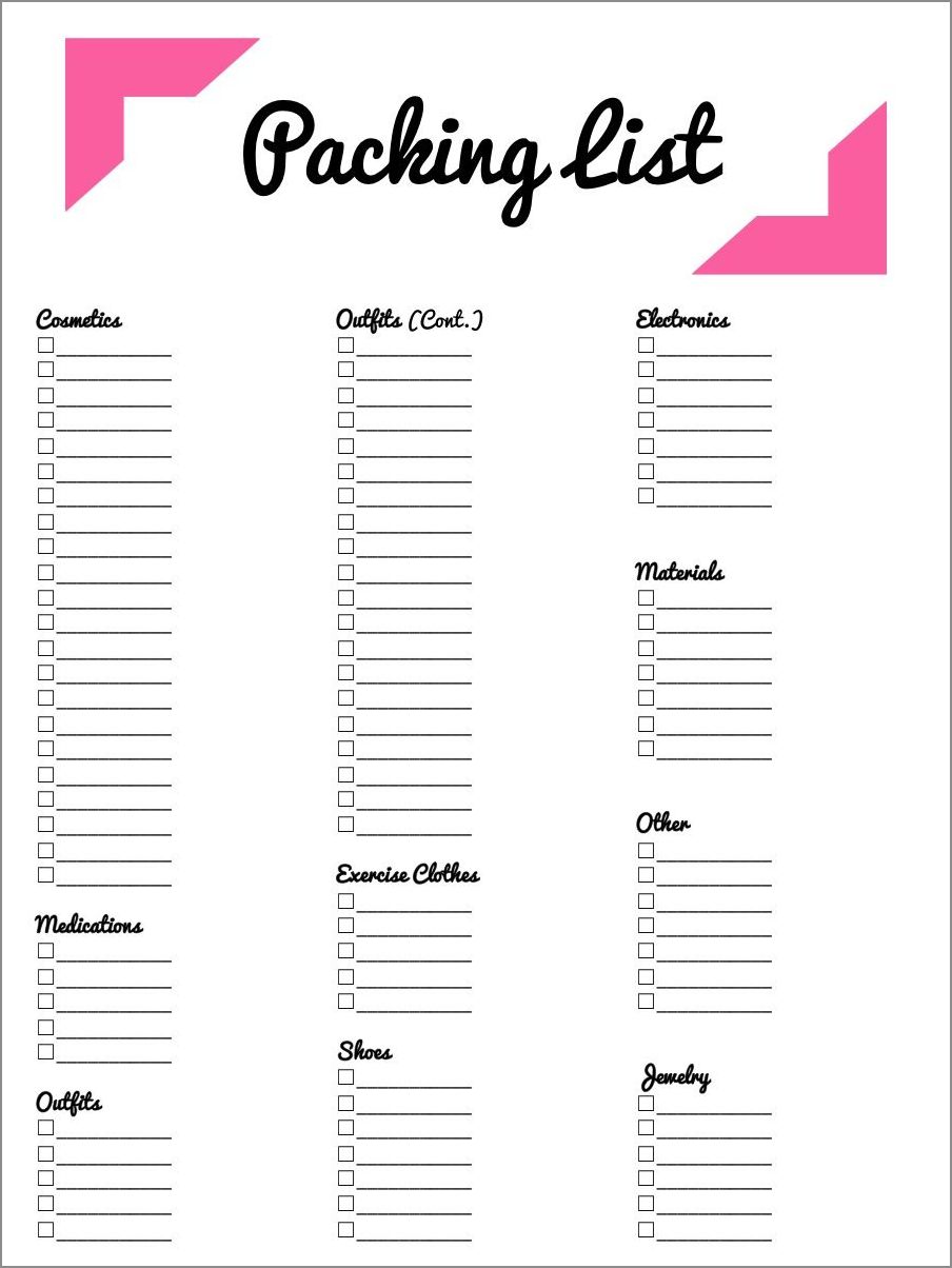 example of blank vacation packing list template