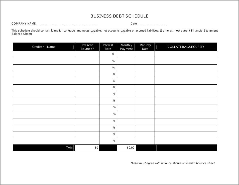 example of business debt schedule template