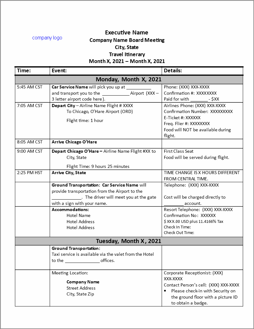 example of business travel itinerary template