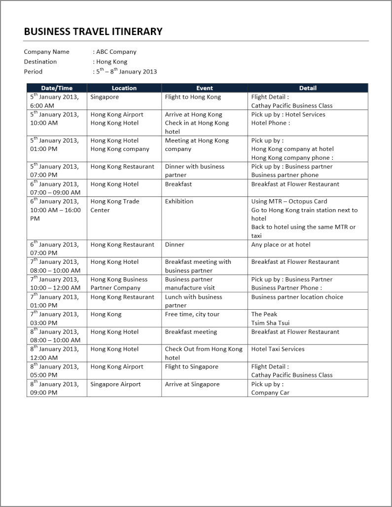 example of business trip itinerary template