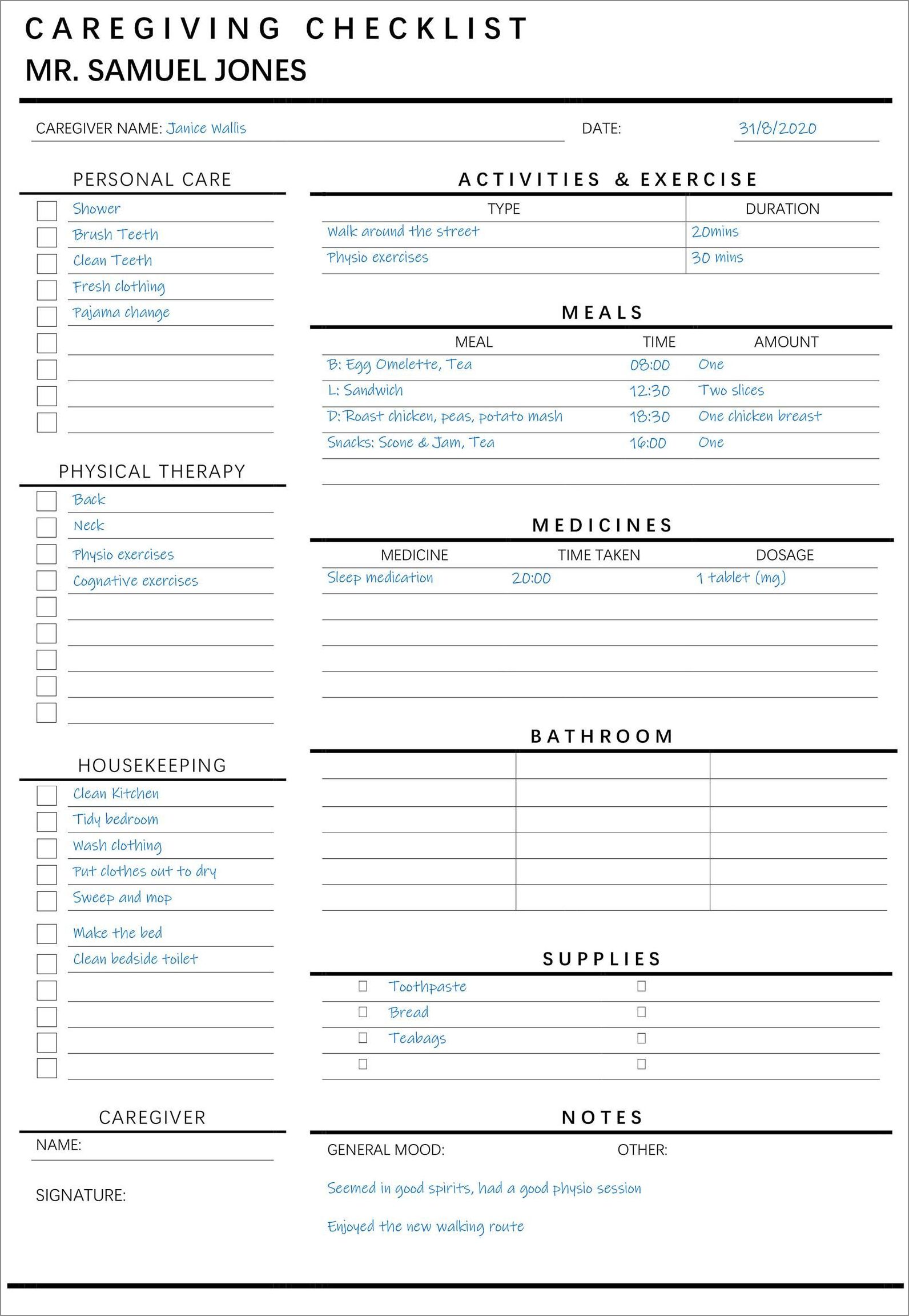 example of caregiver daily checklist template