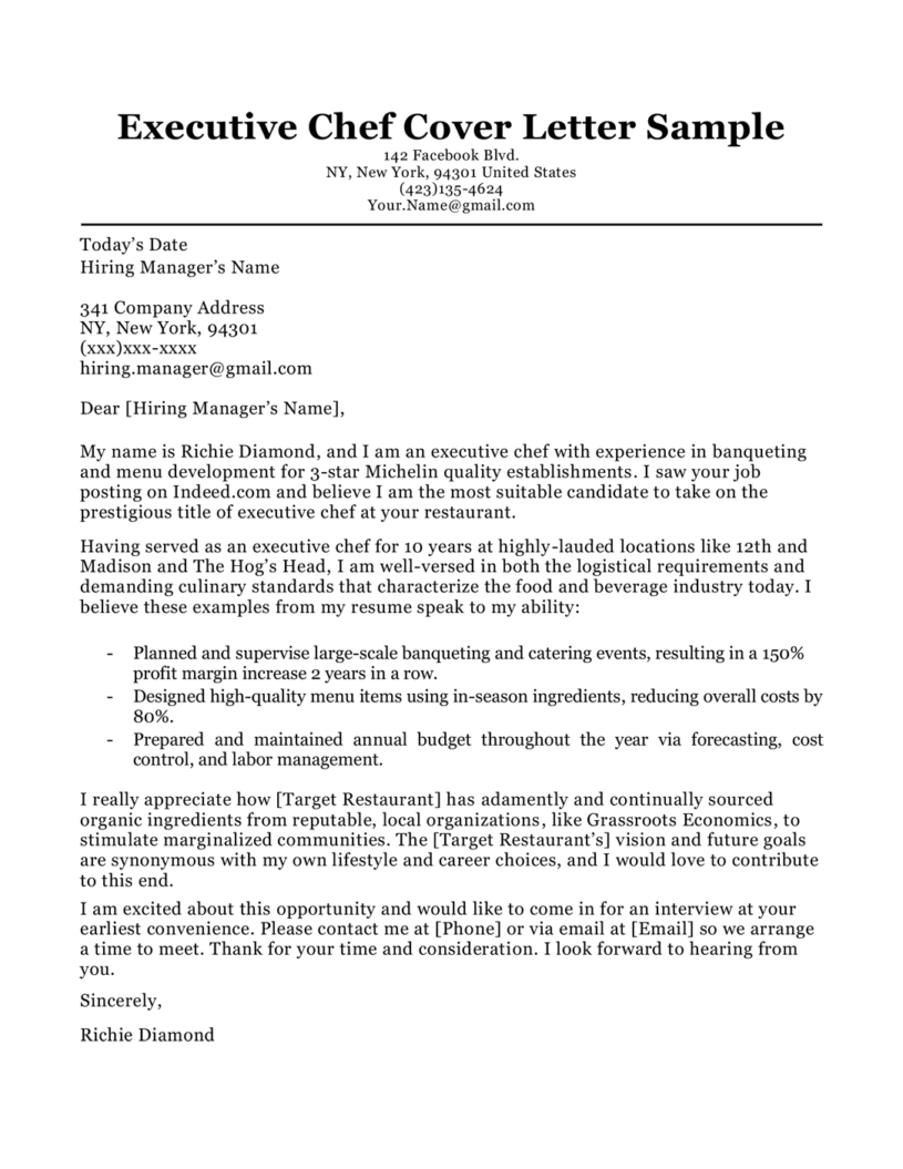 example of chef cover letter template
