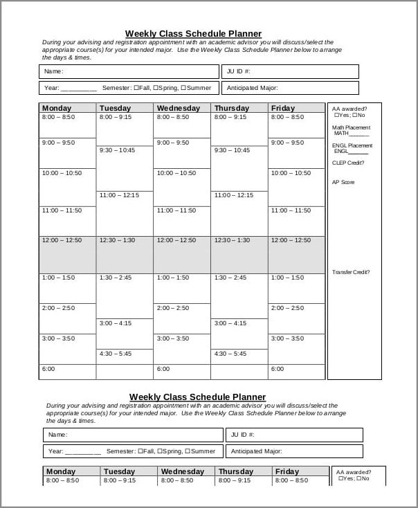 example of class weekly schedule template