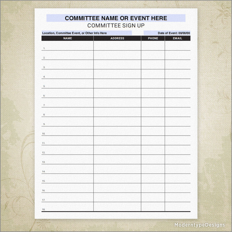 example of committee sign up sheet template