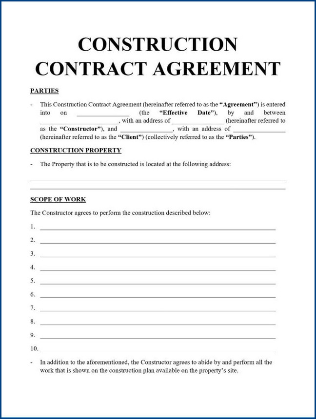 example of construction contractor agreement template