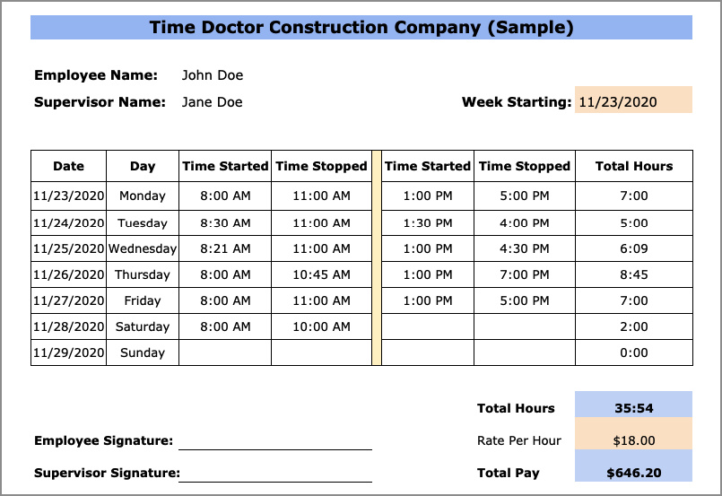 example of construction daily timesheet template