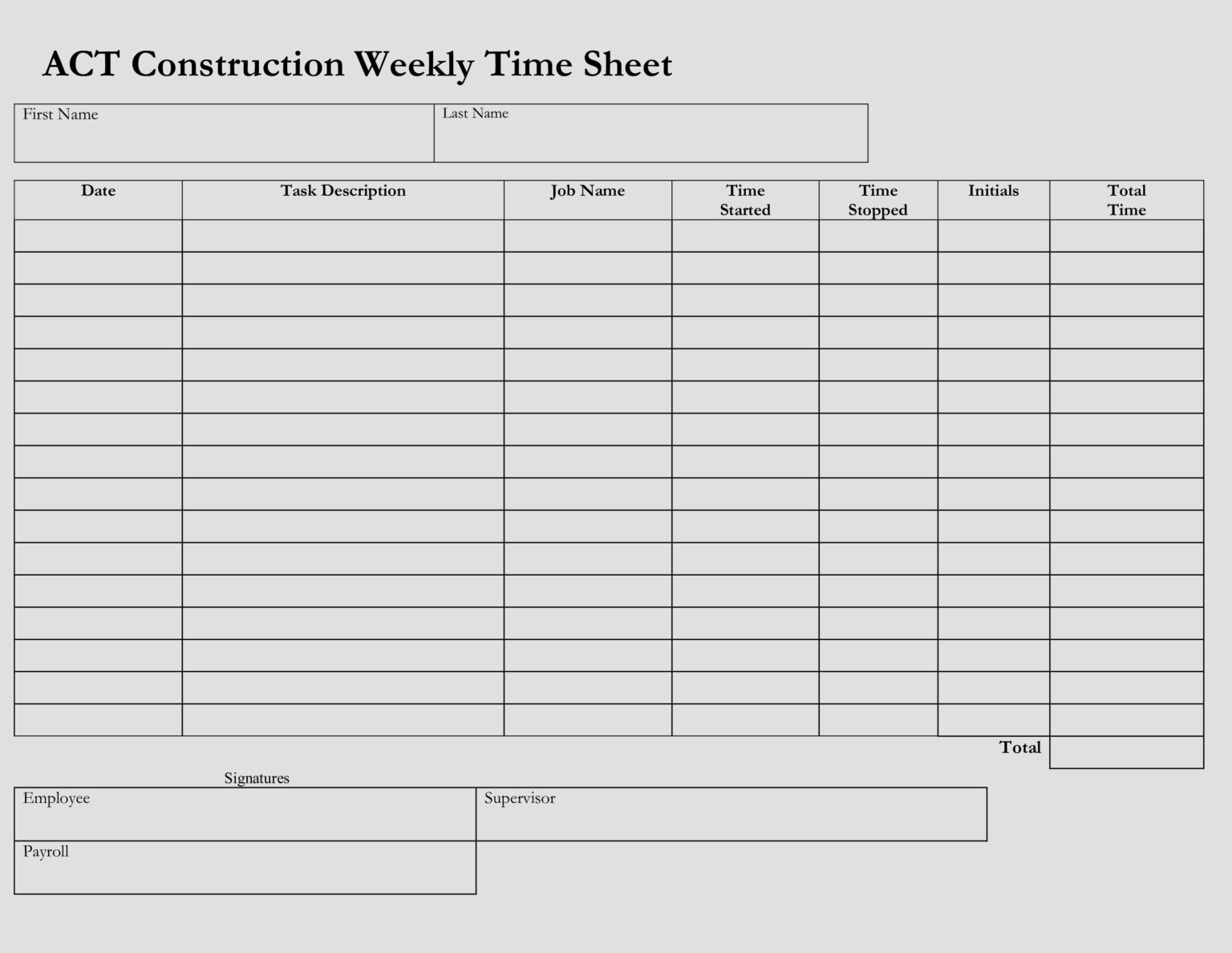 Printable Construction Weekly Timesheet Template