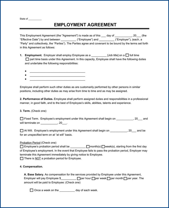 example of contract employment agreement template