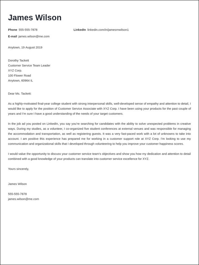 example of customer service cover letter template