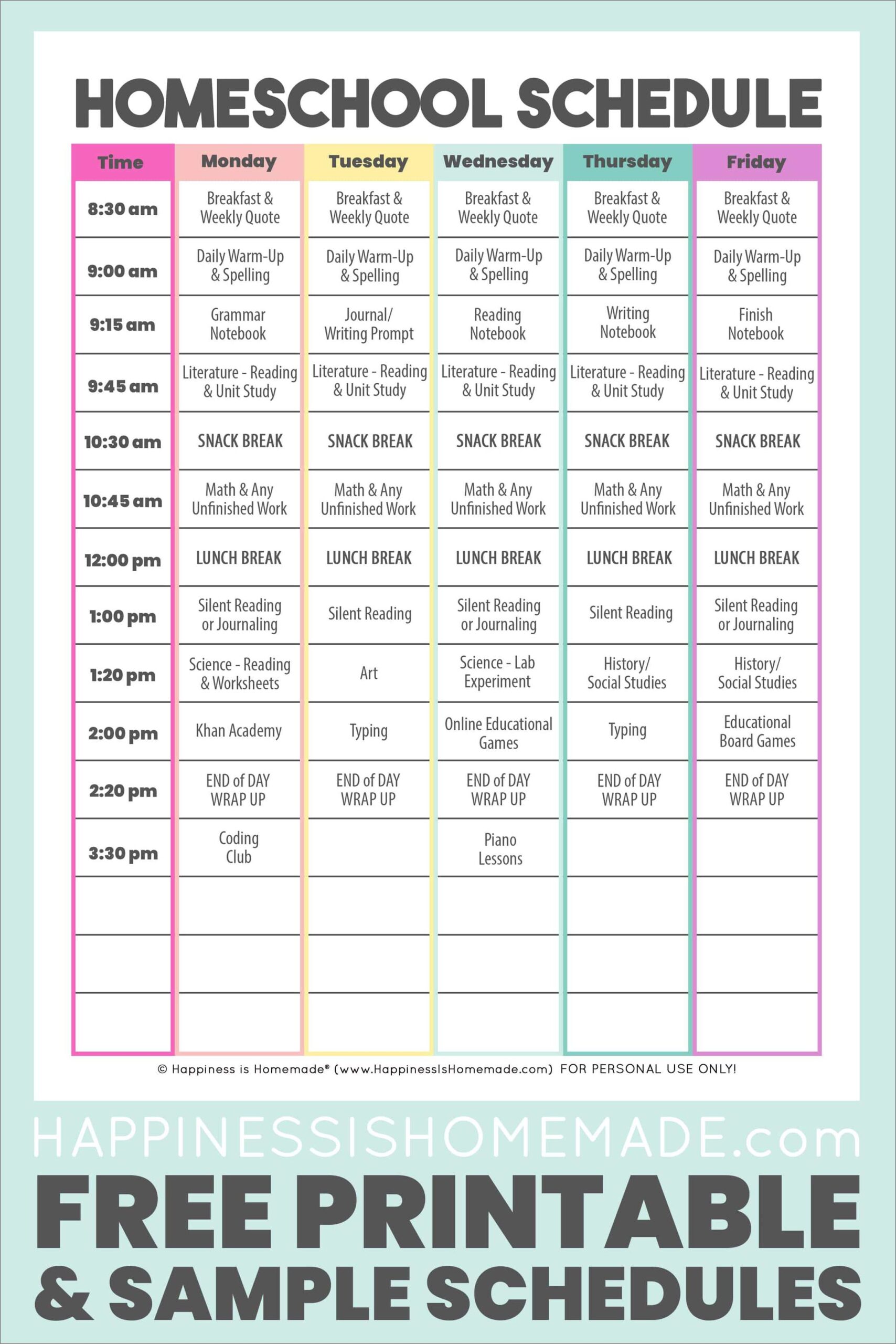 example of daily homeschool schedule template