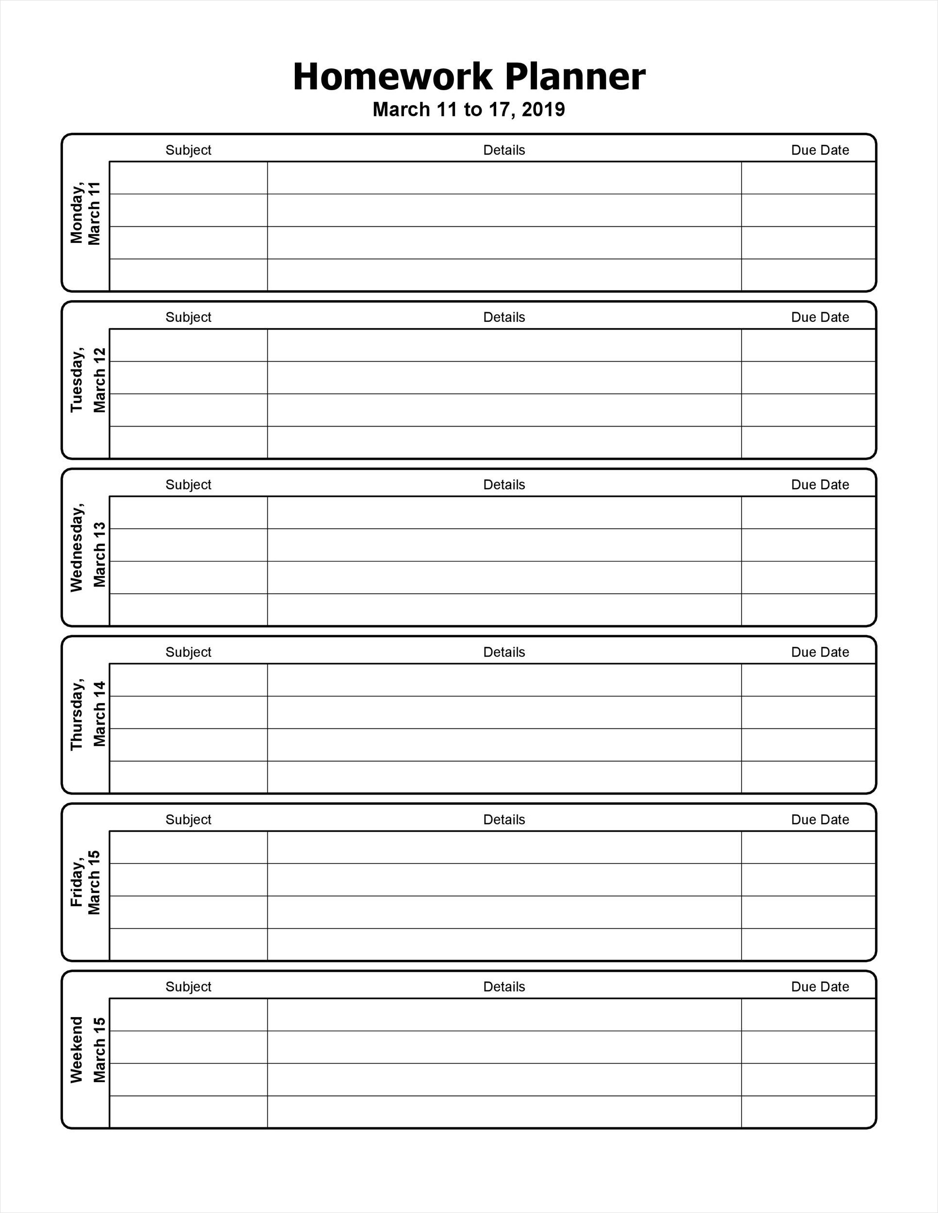 example of daily homework planner template