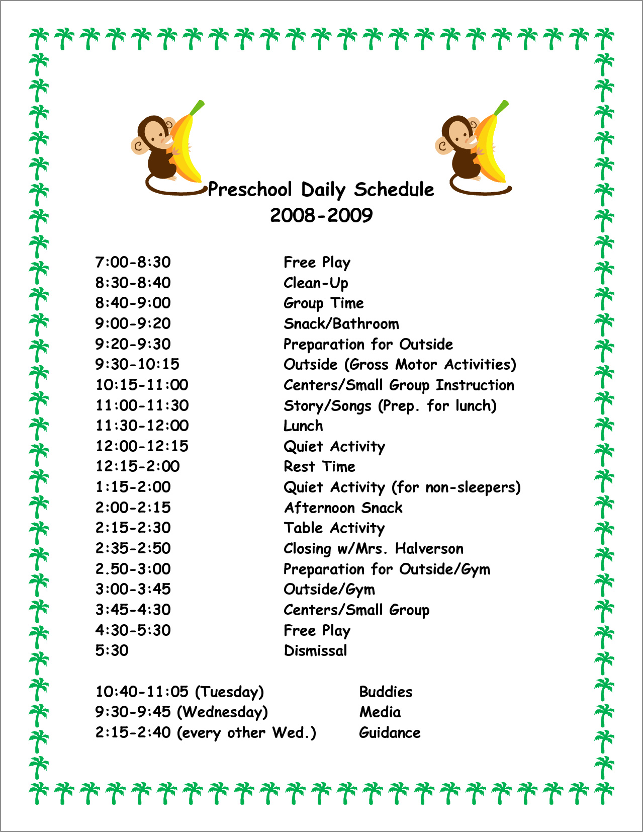example of daily preschool schedule template