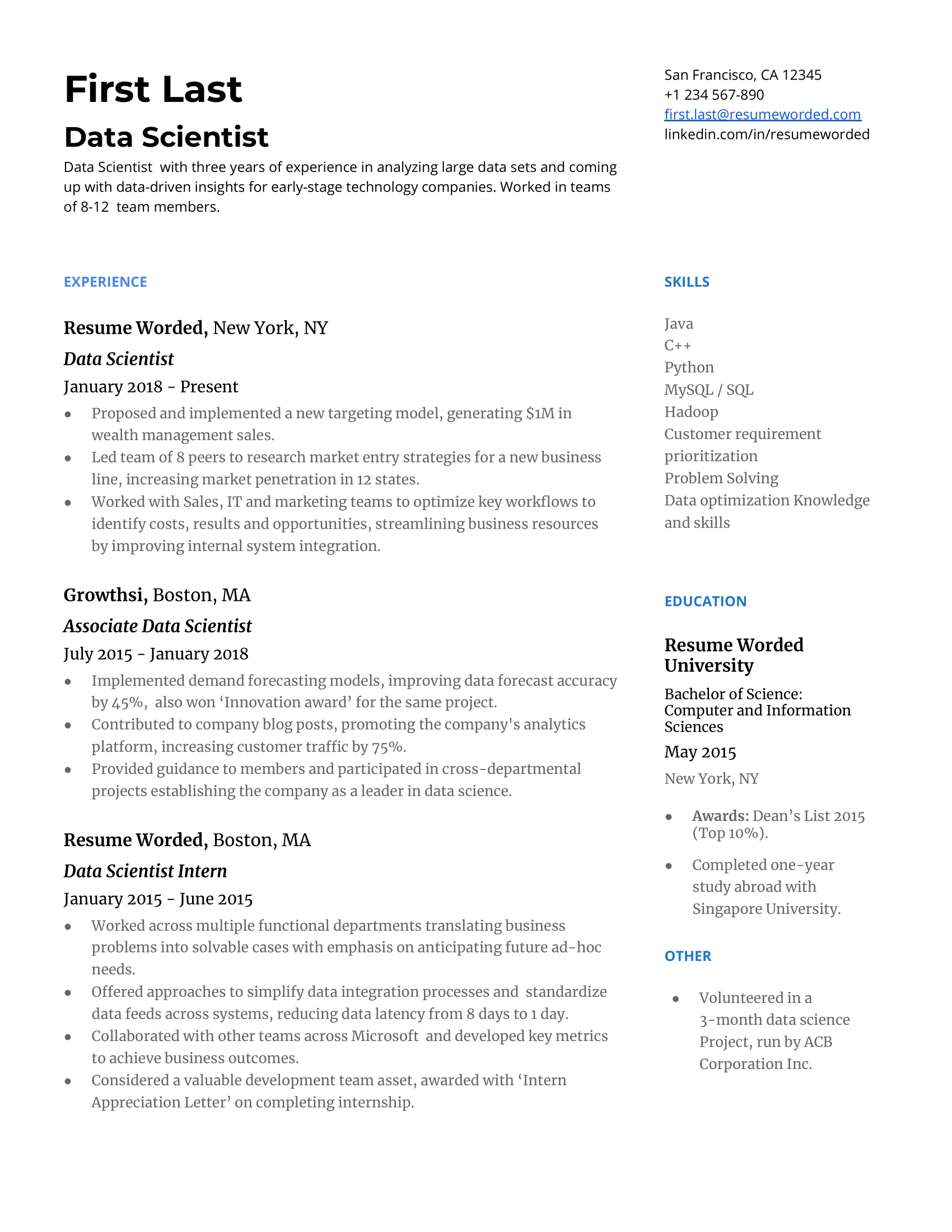 example of data science resume template