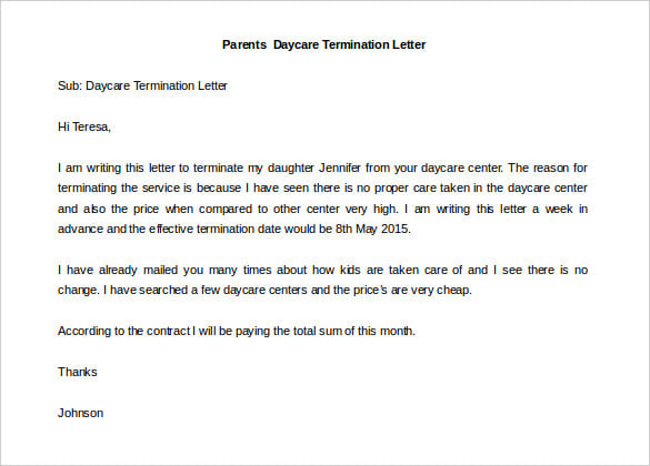 example of daycare termination letter template