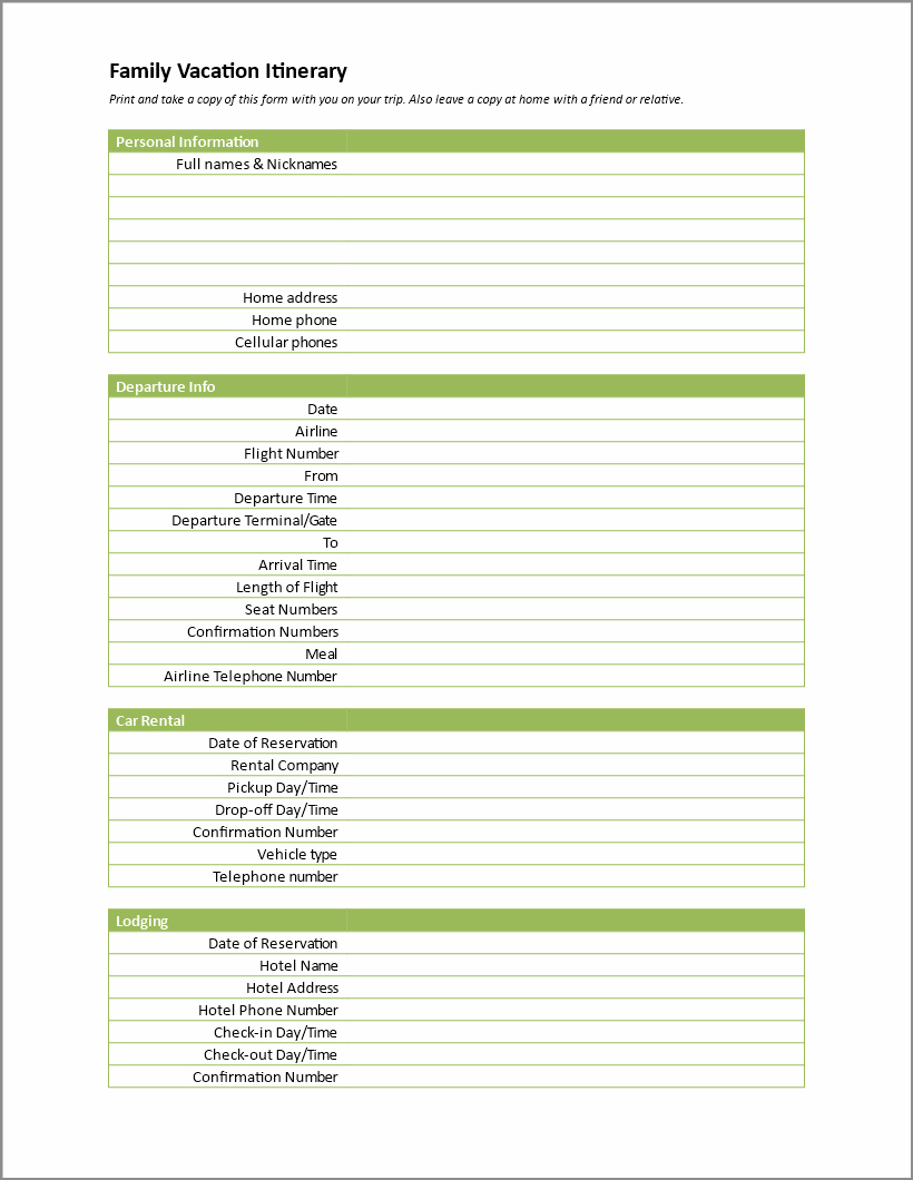 example of family vacation itinerary template