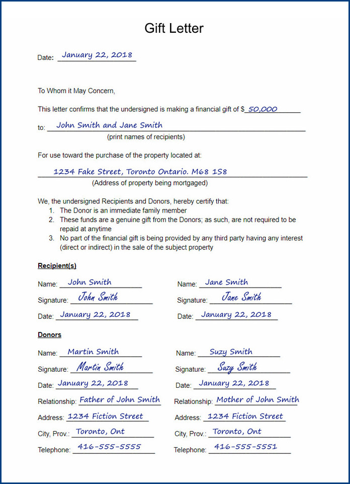 example of gift letter template for down payment
