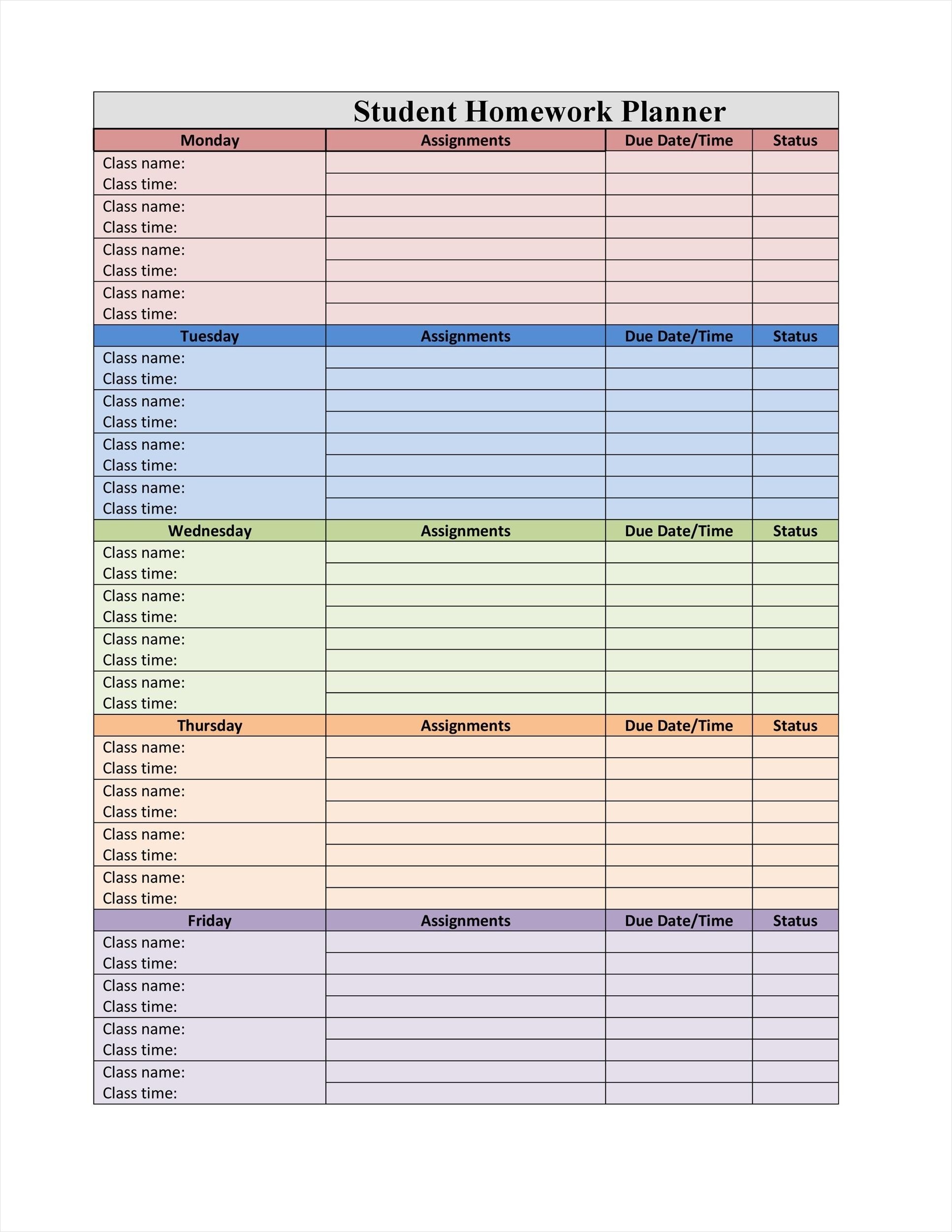 example of homework planner template