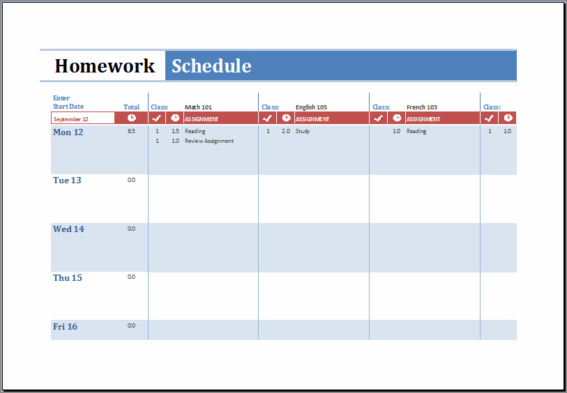 example of homework schedule template